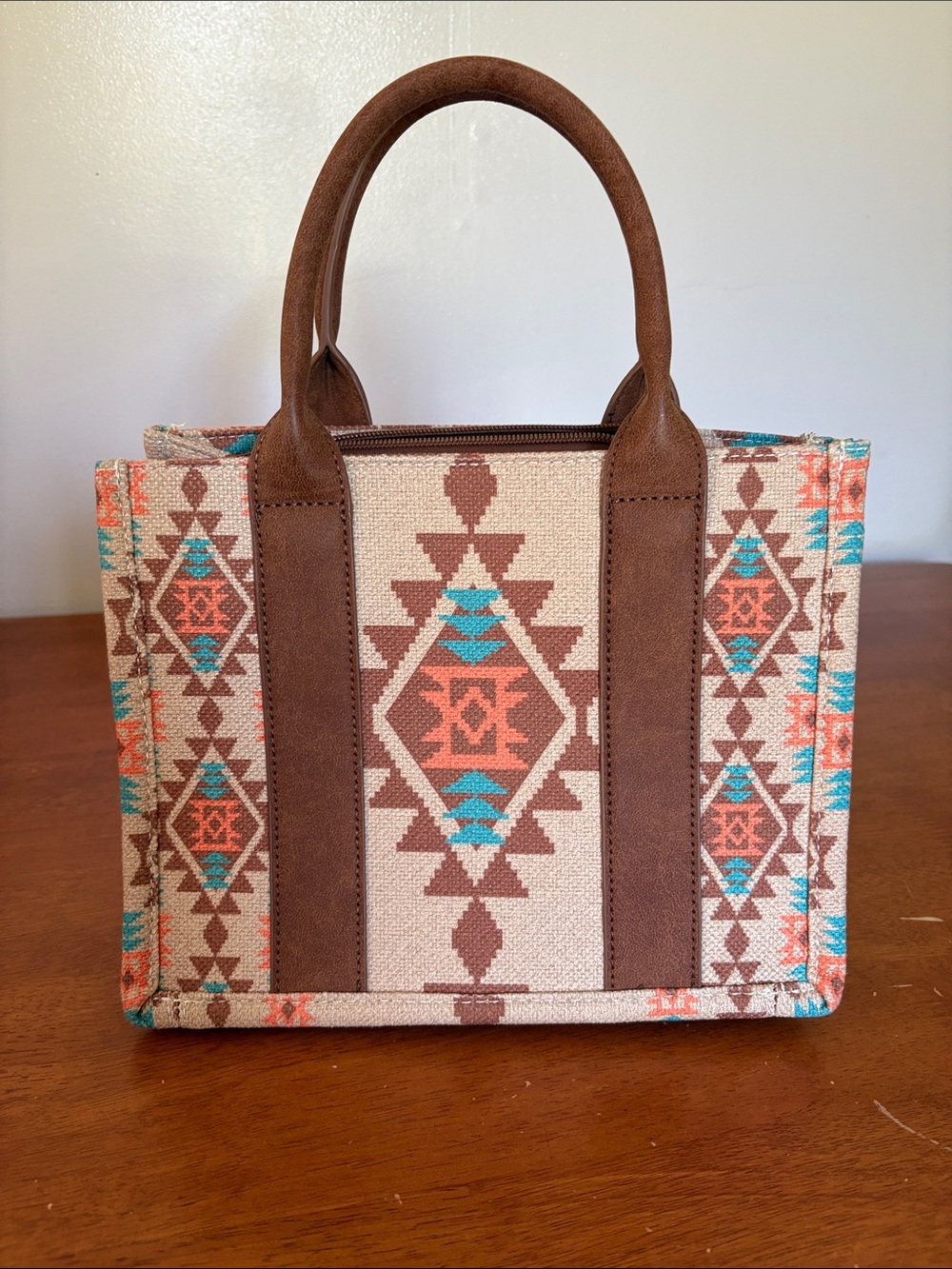 Wrangler Southwestern Mini Tote in Brown, Turquoise and Coral - Picture 2 of 4